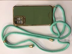 Чехол на шнурке через плечо для мобильного телефона iPhone i11Pro стильный,качественный,надежный ,цвет светло-зеленый с золотом